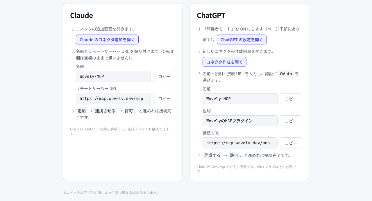 Wovely の接続案内画面。Claude と ChatGPT それぞれの接続手順が左右に並び、各手順の起点がボタンになっている。貼り付ける名前と接続 URL はコピーボタン付きで表示されている