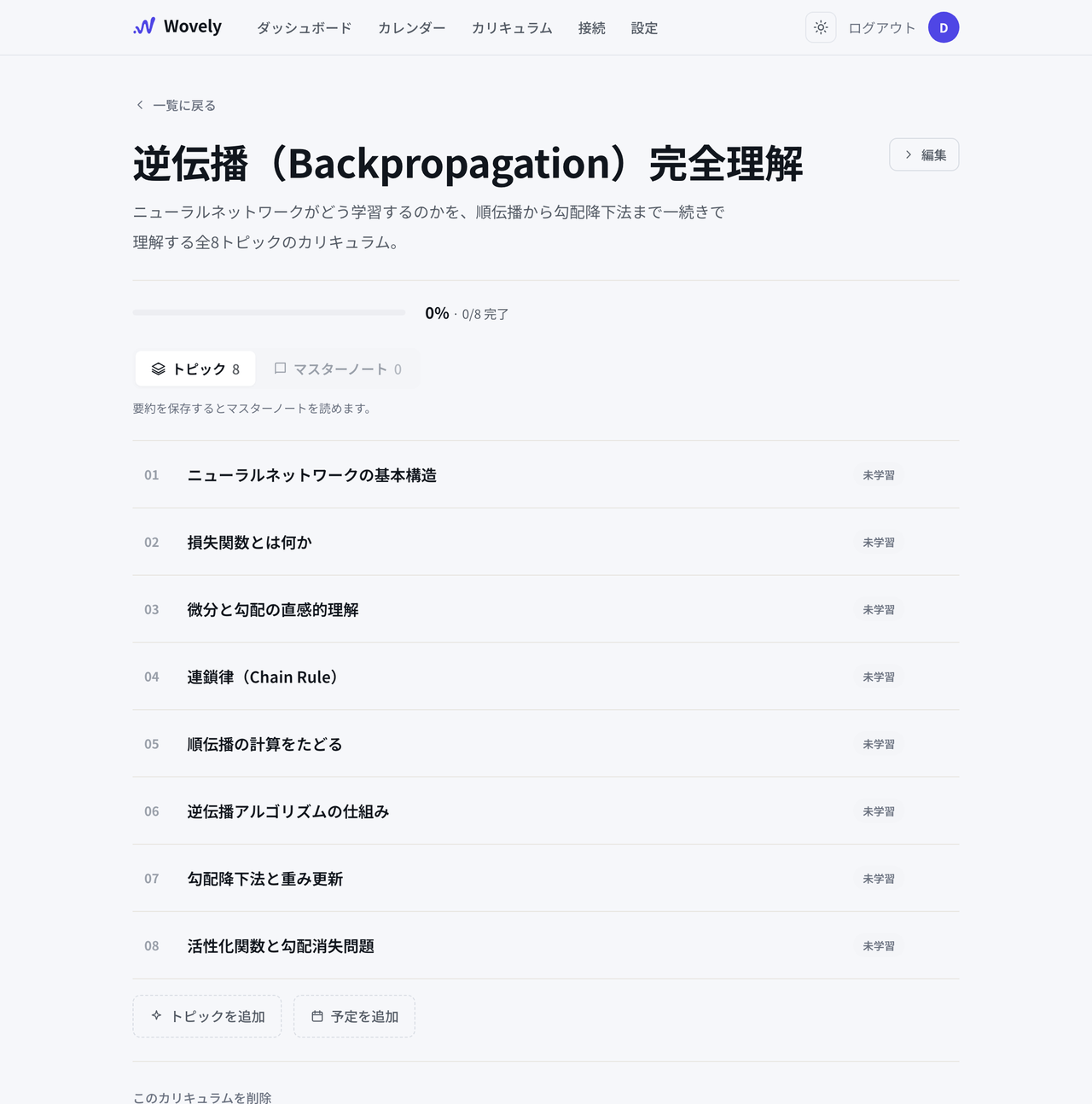 Wovely のカリキュラム詳細画面。逆伝播完全理解の全8トピックが一覧表示されている